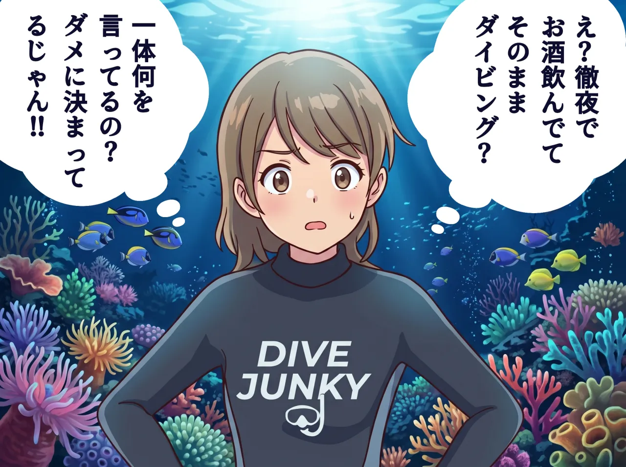 徹夜で酒を飲んでそのままダイビングすると聞かされ驚くぼくのイラスト